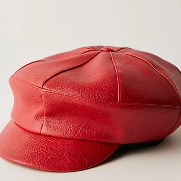 Free People Accessories - NWT Free People Carrie Distressed Lieutenant Hat 
in Cherry Red